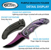 Close-up of purple dragon decal on handle and dragon scale blade print